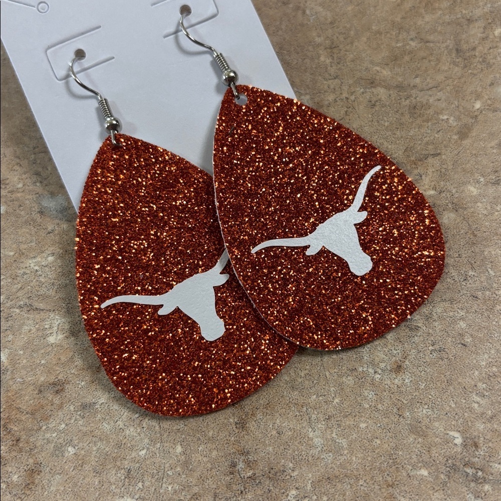 Handmade 2.5” Faux Leather Glitter Texas Longhorn Teardrop Earrings NEW - Picture 3 of 5